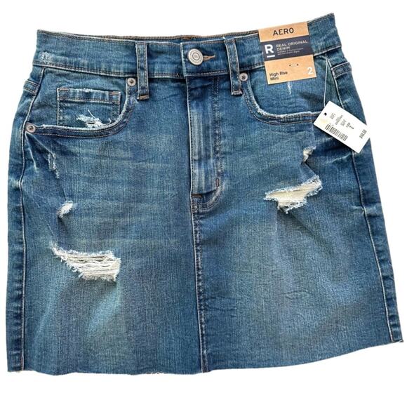 Aeropostale Jean Skirt AERO High Rise Distressed Denim Raw Hem Mini Size 2 NEW - Picture 11 of 11